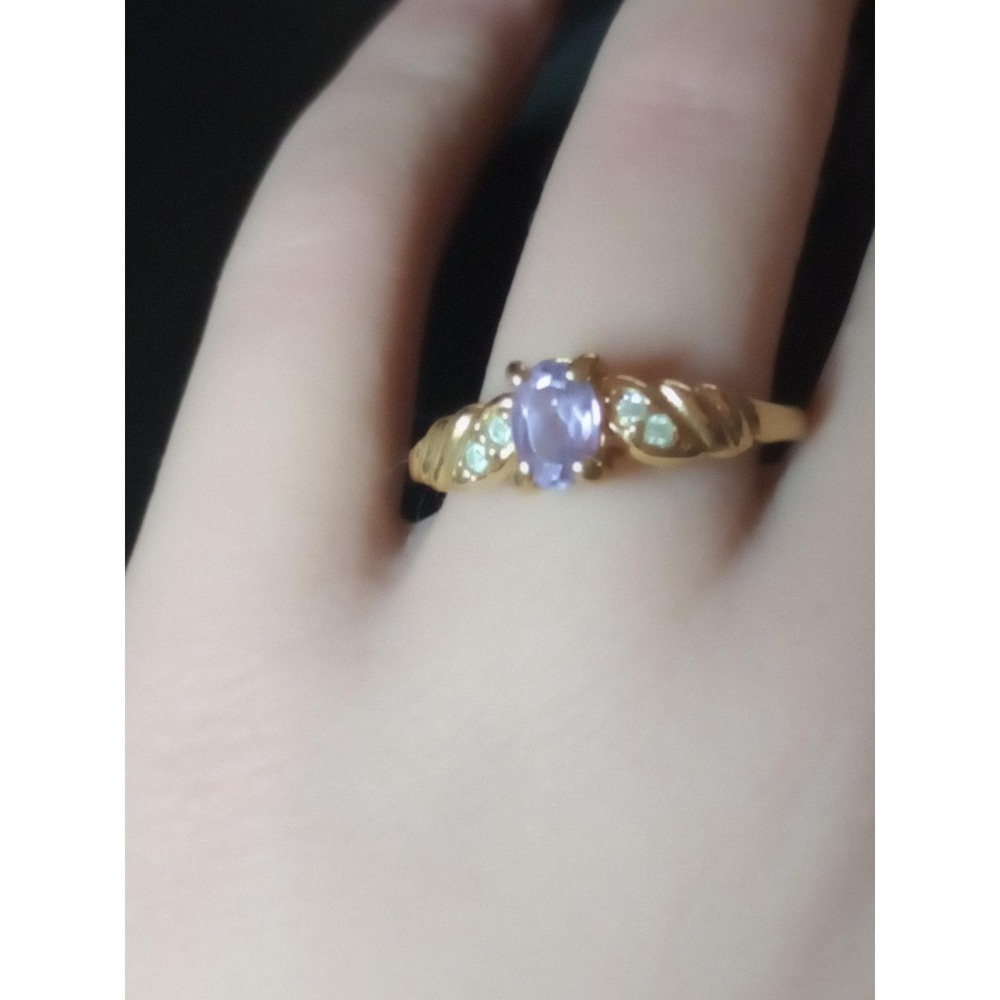 Vintage Gold Tone Purple Stone Rhinestone Ring Size 9.75 Swirl Cocktail Jewelry
